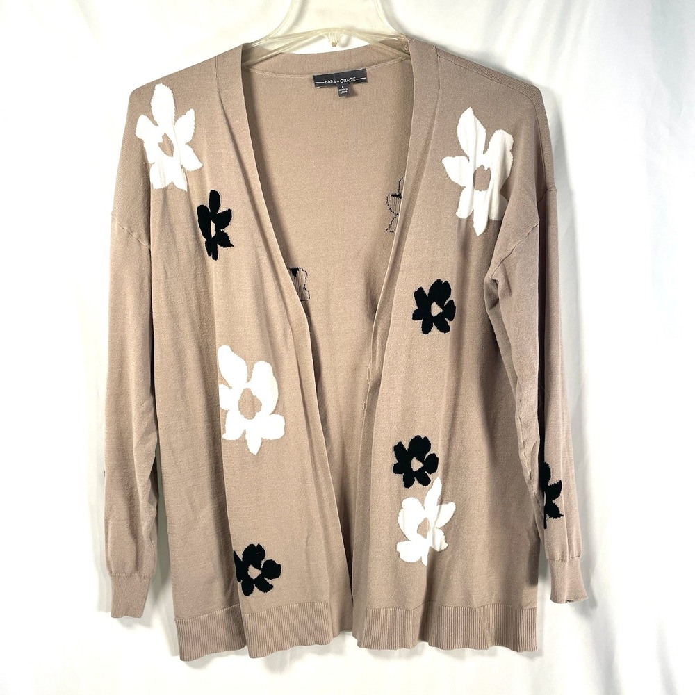 Hanna & Gracie Cardigan Sweater Medium Beige Flowers V-Neck Rayon Poly Hana